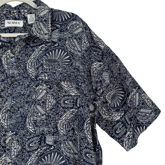Vintage Summa Silk Button Down Mens XL Navy White Resort Party Short Sleeve - Picture 5 of 10